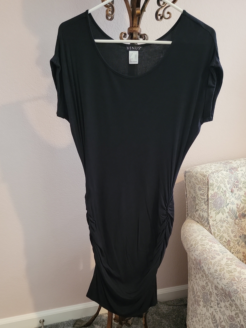 VENUS Black Midi Dress with Side Ruching